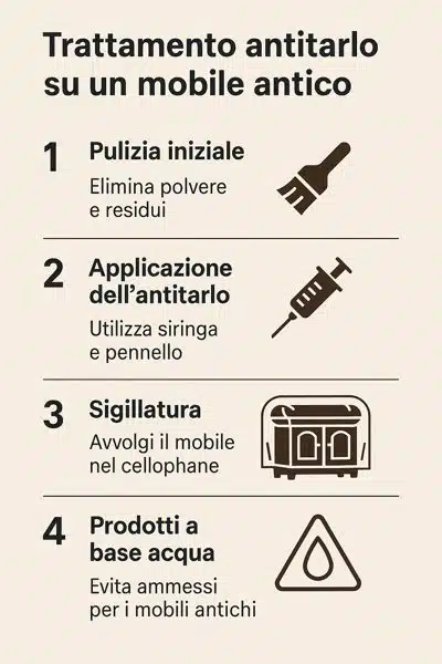 infografica su come trattare i mobili antichi con tarli