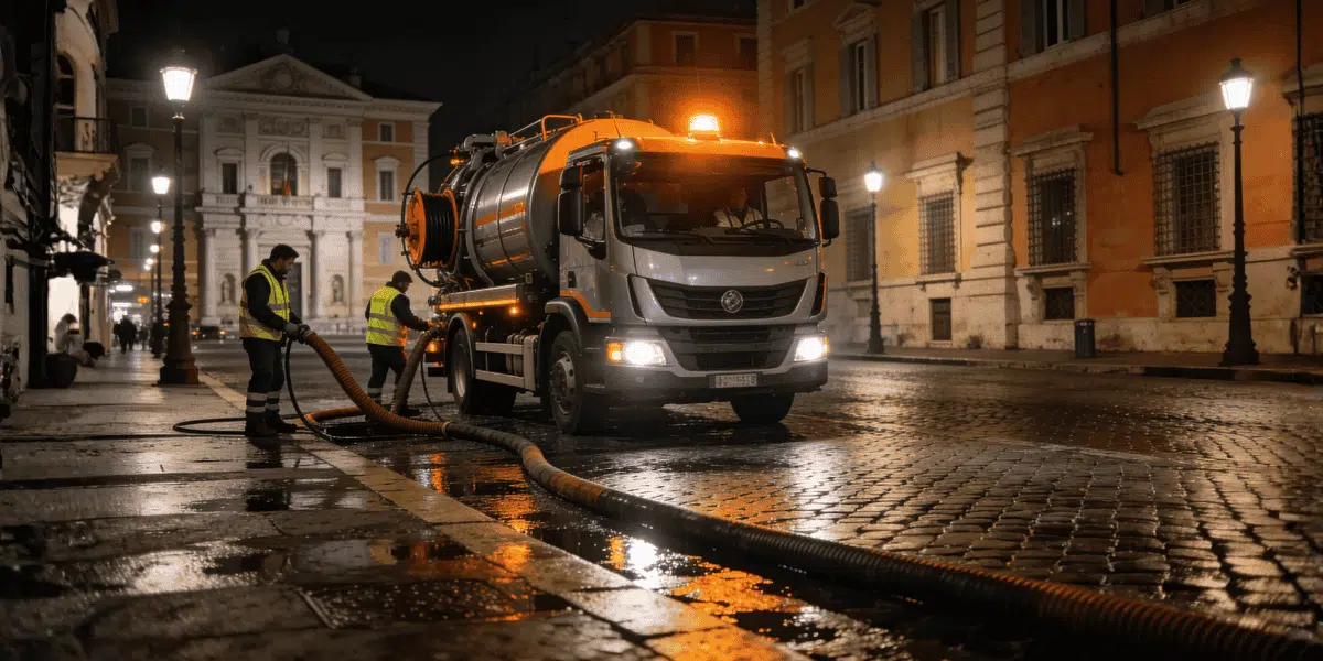 Autospurgo in intervento notturno per emergenza fognaria su strada urbana