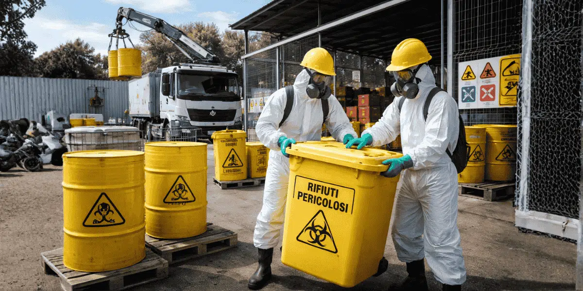 Operatori specializzati nello smaltimento di rifiuti pericolosi che movimentano contenitori certificati in un impianto autorizzato