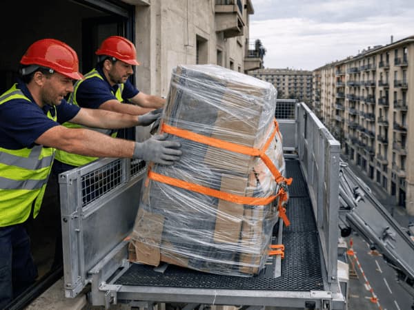 Traslocatori con caschi e DPI posizionano mobili imballati su una piattaforma aerea al piano alto