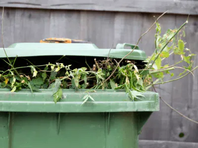 Bidone per la raccolta del verde pieno di sfalci e rami da giardino