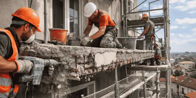 Rifacimento strutturale di un balcone condominiale con operai al lavoro su frontalino e ferri d’armatura