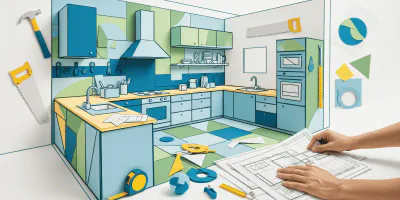 Progetto di ristrutturazione cucina con planimetria tecnica, strumenti di lavoro e layout moderno prima dell’inizio dei lavori