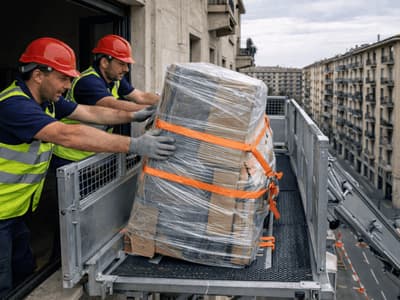 Traslocatori con caschi e DPI posizionano mobili imballati su una piattaforma aerea al piano alto