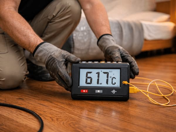 Sensore digitale di temperatura utilizzato durante una disinfestazione con calore per monitorare il raggiungimento delle soglie termiche efficaci.