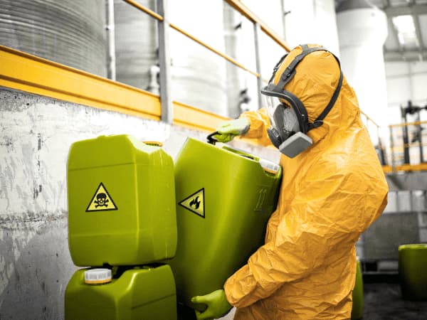 Operatore con dispositivi di protezione che movimenta contenitori di rifiuti pericolosi in un ambiente industriale