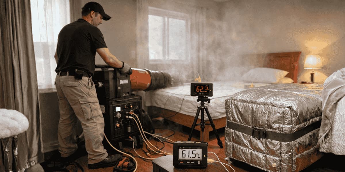 Tecnico specializzato durante un trattamento di disinfestazione con calore in una camera da letto, con riscaldatore professionale e sensori di temperatura per il controllo termico.