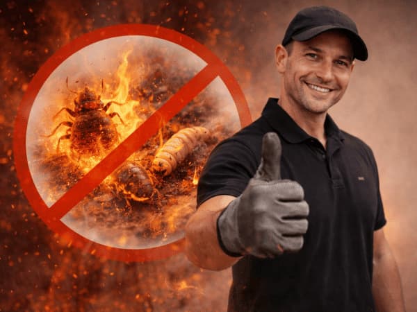 Operatore specializzato in disinfestazione con calore che indica esito positivo del trattamento contro insetti infestanti, con simbolo di eliminazione degli infestanti sullo sfondo.