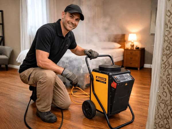 Operatore durante un intervento di disinfestazione termica in camera da letto con riscaldatore elettrico professionale.