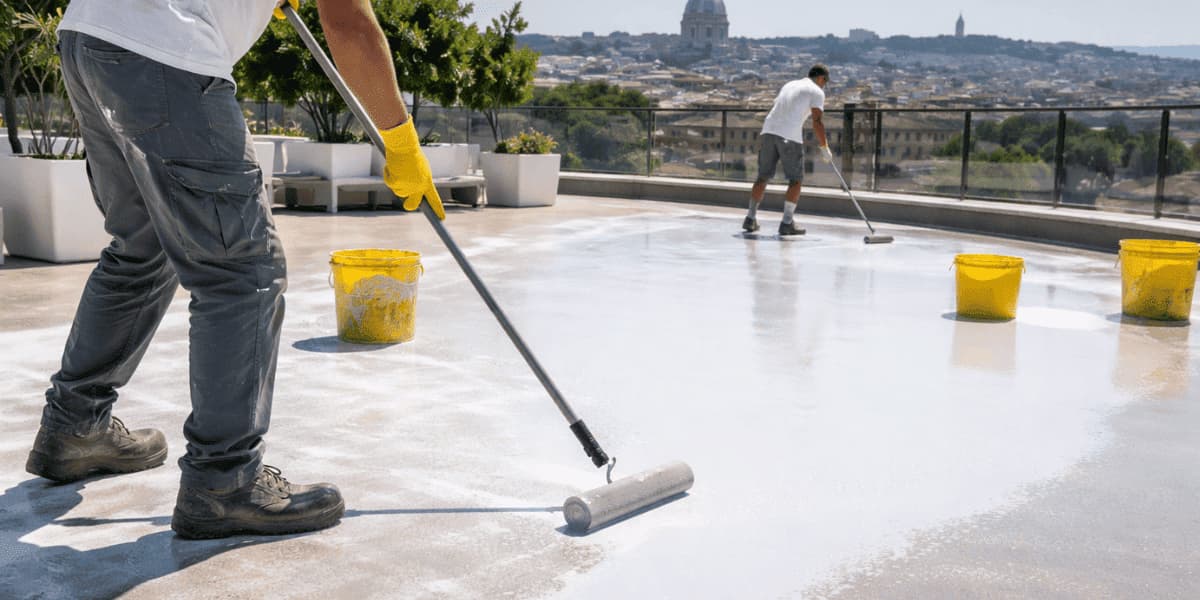 Applicazione resina impermeabilizzante su terrazzo con rullo per protezione dalle infiltrazioni