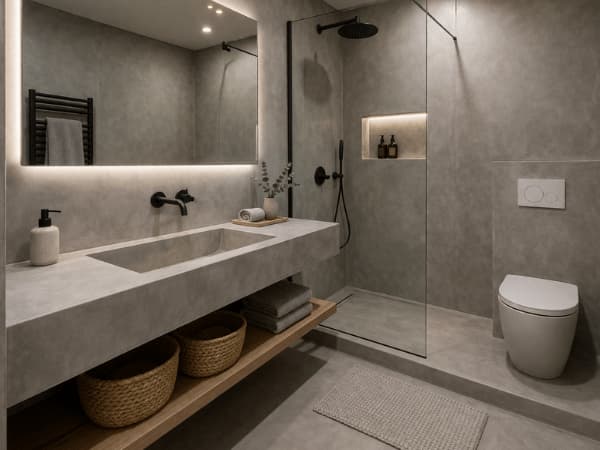 Bagno moderno rivestito in microcemento con doccia walk-in e lavabo integrato