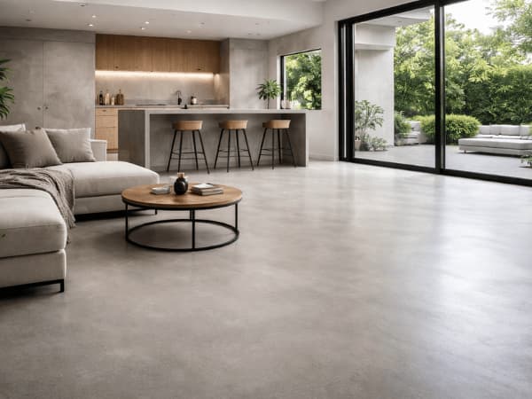 Open space moderno con pavimento in microcemento continuo e cucina a vista