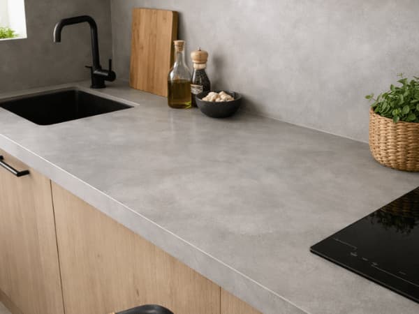 Top cucina in microcemento con lavabo integrato e finitura effetto cemento