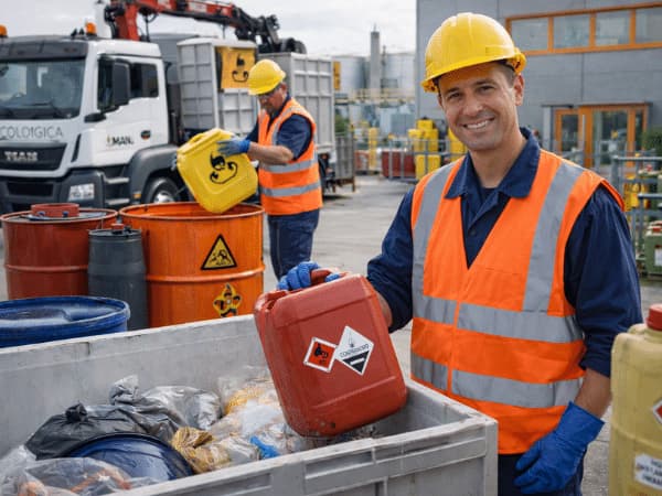 Operatore specializzato nello smaltimento di rifiuti pericolosi che gestisce contenitori certificati in sicurezza