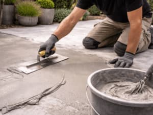 Posa professionale del microcemento Applicazione manuale del microcemento su pavimento durante la fase di posa