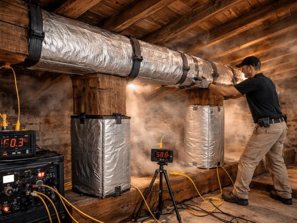 Tecnico specializzato durante una disinfestazione dei tarli con calore, mediante pannelli termici applicati a travi in legno e sensori di controllo.