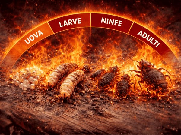Rappresentazione dell’effetto del calore sugli insetti infestanti in tutti gli stadi di vita, dalle uova alle larve, ninfe e insetti adulti, durante un trattamento termico.