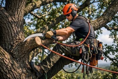 Operatore in tree climbing durante la potatura di un albero
