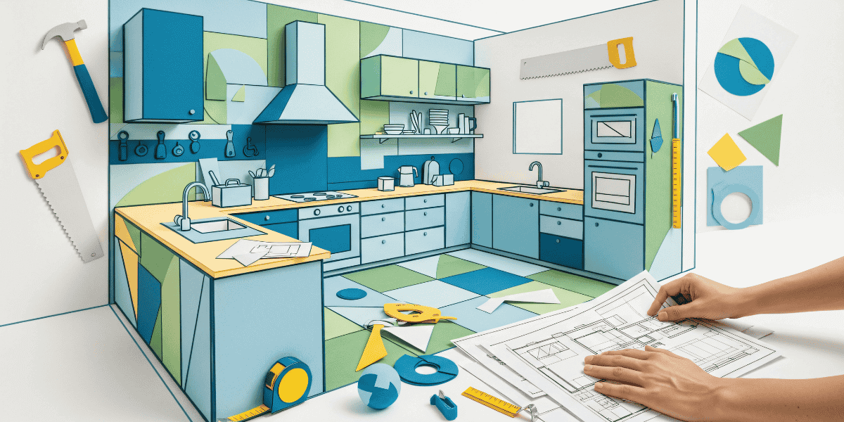 Progetto di ristrutturazione cucina con planimetria tecnica, strumenti di lavoro e layout moderno prima dell’inizio dei lavori
